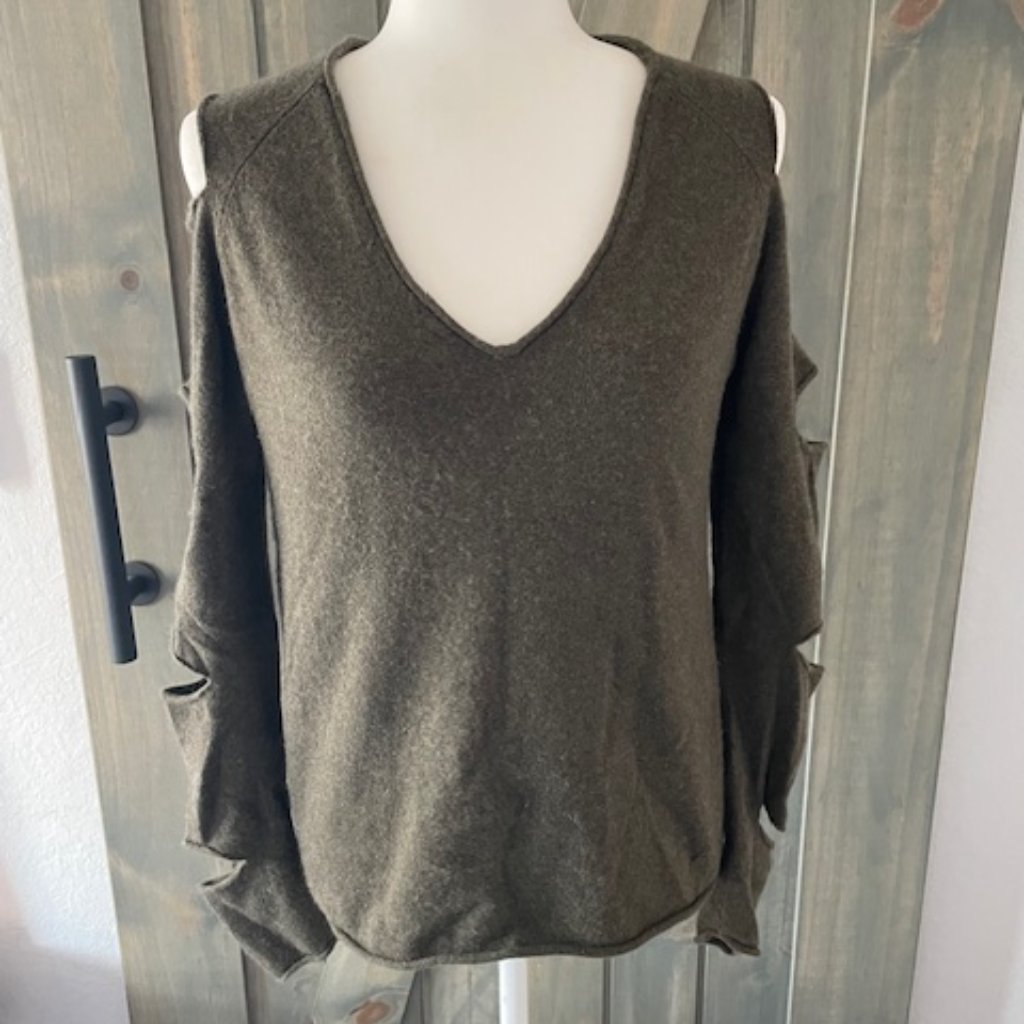 Aqua Cashmere Dark Army Green V-Neck Sweater Size S